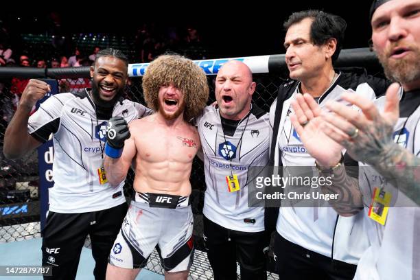 Merab Dvalishvili of Georgia reacts after his unanimous-decision victory over Petr Yan of Russia in a bantamweight fight during the UFC Fight Night...