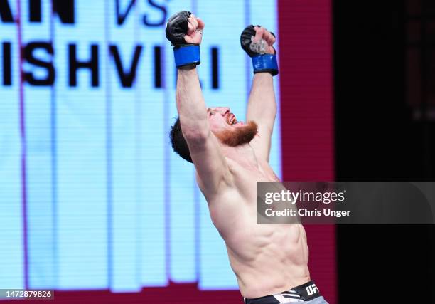 Merab Dvalishvili of Georgia reacts after the conclusion of his bantamweight fight against Petr Yan of Russia during the UFC Fight Night event at The...