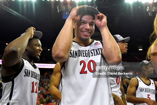 Matt Bradley of the San Diego State Aztecs celebrates after the team defeated the Utah State Aggies 62-57 in the championship game in the Mountain...