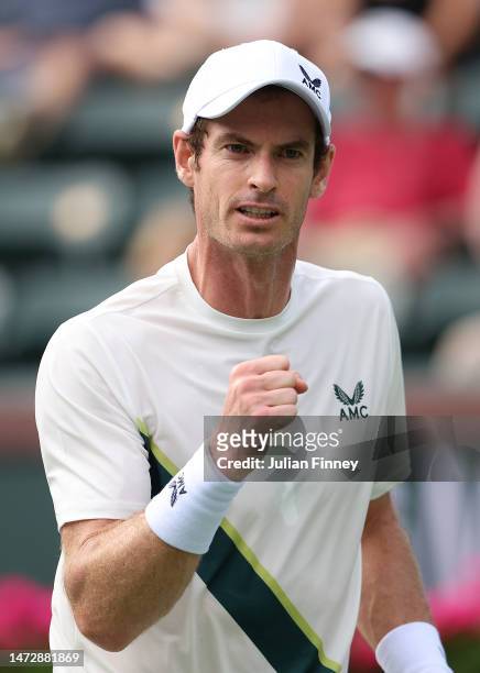 Andy Murray of Great Britain reacts in his match against Radu Albot of Moldova during the BNP Paribas Open on March 11, 2023 in Indian Wells,...
