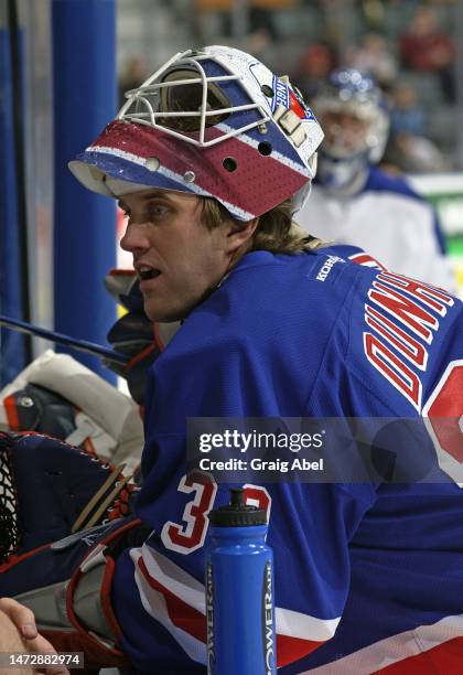 Mike Dunham of the New York Rangers skates against the Toronto Maple Leafs during NHL game action on December 14, 2002 at Air Canada Centre in...