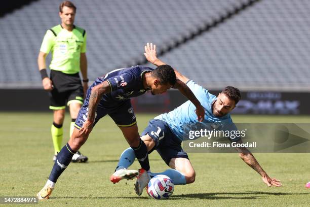 Anthony Caceres of Sydney FC competes with Yan Sasse of Wellington Phoenix during the round 20 A-League Men's match between Wellington Phoenix and...