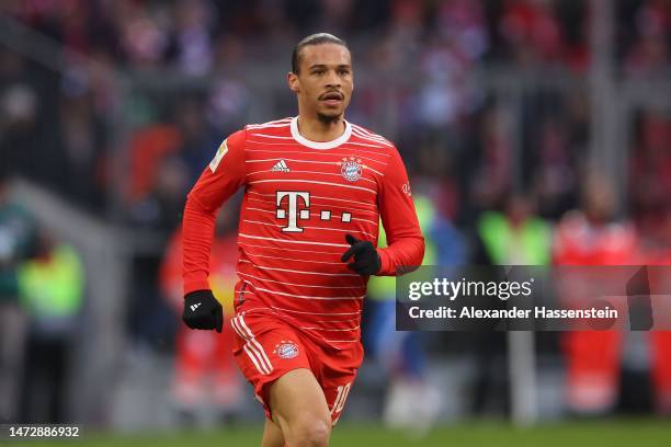 Leroy Sane of FC Bayern München looks on during the Bundesliga match between FC Bayern München and FC Augsburg at Allianz Arena on March 11, 2023 in...