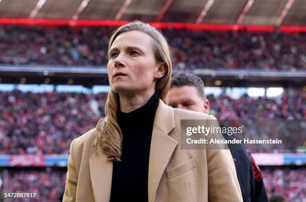 Team manager Kathleen Krüger of FC Bayern München looks on during the Bundesliga match between FC Bayern München and FC Augsburg at Allianz Arena on...