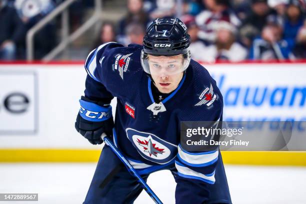 Vladislav Namestnikov of the Winnipeg Jets gets set for a first period face-off against the San Jose Sharks at the Canada Life Centre on March 6,...