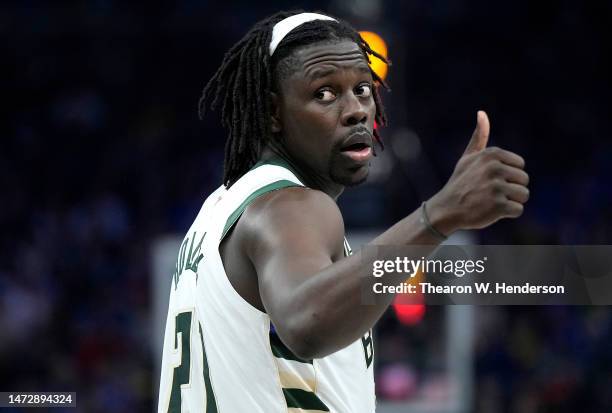 Jrue Holiday of the Milwaukee Bucks reacts to a fan's comment during the second quarter against the Golden State Warriorsat Chase Center on March 11,...