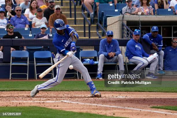 Samad Taylor of the Kansas City Royals hits a groundball single to right field in the top of the third inning against the Milwaukee Brewers at...