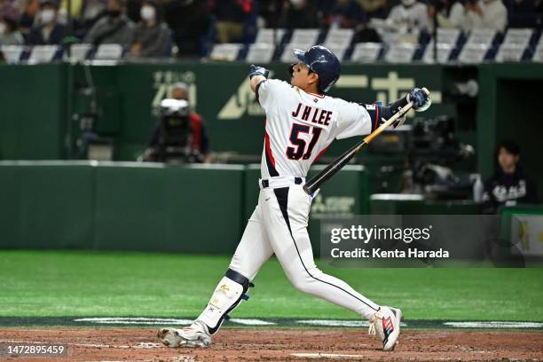 Jung Hoo Lee of Korea flies out in the fourth inning during the World Baseball Classic Pool B game between Czech Republic and Korea at Tokyo Dome on...