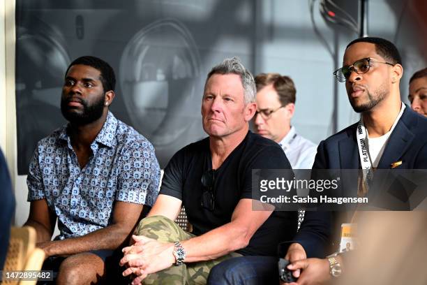 Lance Armstrong and guests listen to a panel discussion at The Female Quotient's Equality Lounge during SXSW at Waller Creek Boathouse on March 11,...