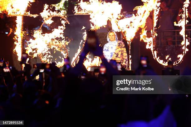 Tim Tszyu prepares to walk to the ring during the WBO super-welterweight world title fight between Tim Tszyu and Tony Harrison at Qudos Bank Arena on...