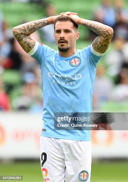Jamie Maclaren of Melbourne City reacts after missing a shot on goal during the round 20 A-League Men's match between Melbourne City and Brisbane...
