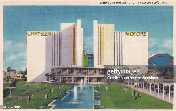 Vintage illustrated souvenir photo postcard published in 1933 depicting the vibrant landscape of the Chicago World's Fair of 1933, here the Chrysler...