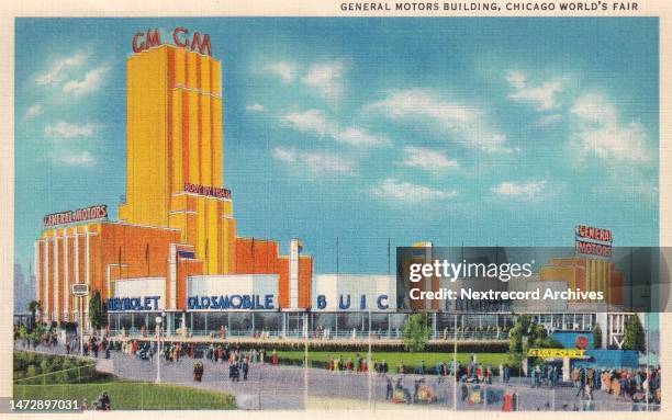 Vintage illustrated souvenir photo postcard published in 1933 depicting the vibrant landscape of the Chicago World's Fair of 1933, here the General...