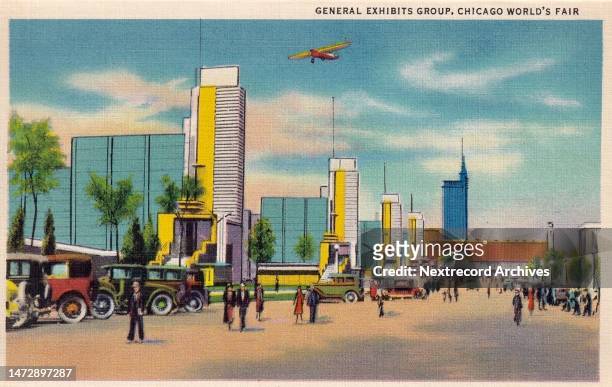 Vintage illustrated souvenir photo postcard published in 1933 depicting the vibrant landscape of the Chicago World's Fair of 1933, here the General...