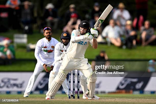 Tom Latham of New Zealand bats during day four of the First Test match in the series between New Zealand and Sri Lanka at Hagley Oval on March 12,...