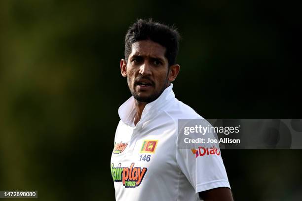 Kasun Rajitha of Sri Lanka looks on during day four of the First Test match in the series between New Zealand and Sri Lanka at Hagley Oval on March...