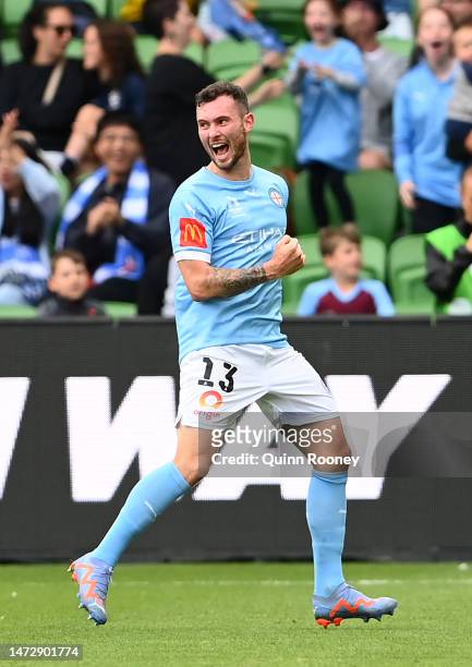 Aiden O'Neill of Melbourne City celebrates scoring a goal during the round 20 A-League Men's match between Melbourne City and Brisbane Roar at AAMI...