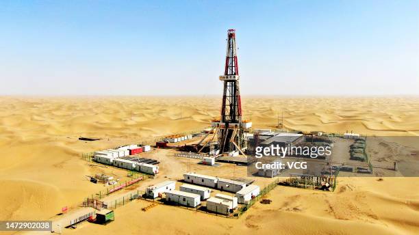 Aerial view of an oil well of Tarim Oilfield at Taklimakan Desert in Shaya County on March 9, 2023 in Aksu Prefecture, Xinjiang Uygur Autonomous...