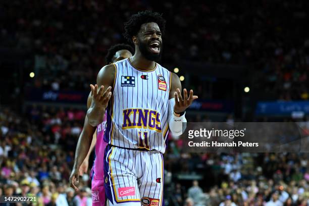 Derrick Walton Jr of the Kings reacts during game four of the NBL Grand Final series between Sydney Kings and New Zealand Breakers at Spark Arena, on...