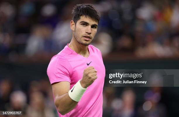 Carlos Alcaraz of Spain celebrates against Thanasi Kokkinakis of Australia during the BNP Paribas Open on March 11, 2023 in Indian Wells, California.