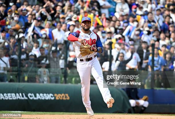 Yoán Moncada of Team Cuba throws at the top of the 6th inningduring the World Baseball Classic Pool A game between Chinese Taipei and Cuba at...