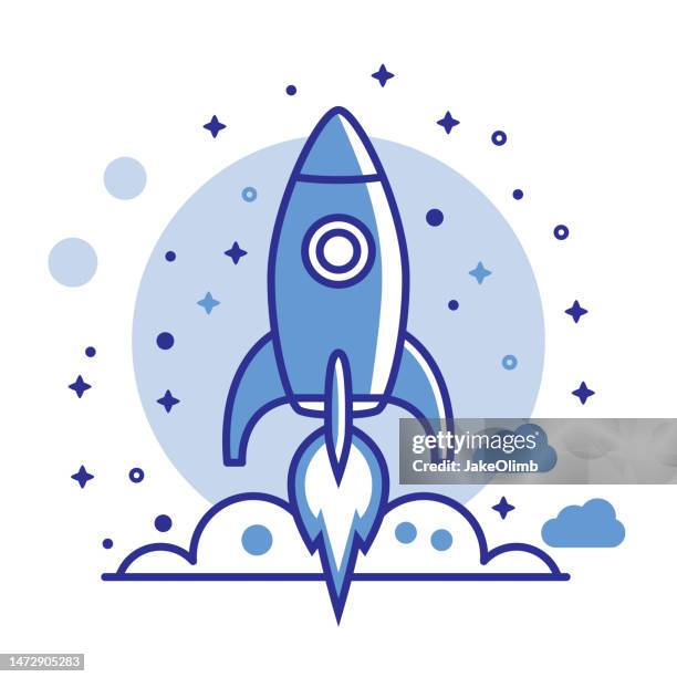 rocketship line art flat style - cartoon spaceship stock illustrations