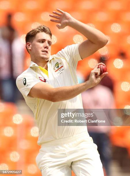 Cameron Green of Australia bowls during day four of the Fourth Test match in the series between India and Australia at Narendra Modi Stadium on March...