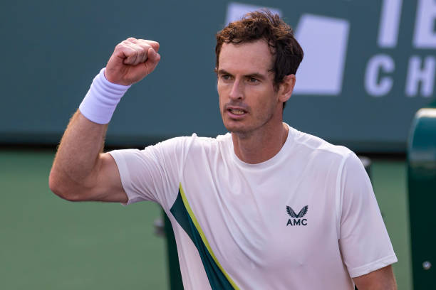 Andy Murray of Great Britain celebrates his victory over Radu Albot of Moldova in the second round of the BNP Paribas Open on March 11, 2023 in...