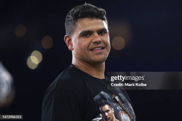 Rabbitohs NRL player Latrell Mitchell stands in the ring after the WBO super-welterweight world title fight between Tim Tszyu and Tony Harrison at...