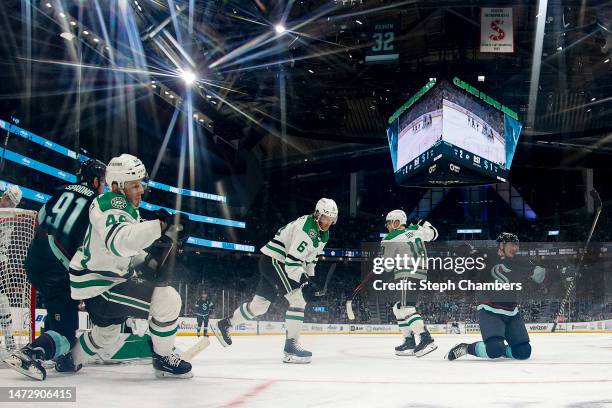 Ryan Donato of the Seattle Kraken celebrates his goal during the third period against the Dallas Stars at Climate Pledge Arena on March 11, 2023 in...