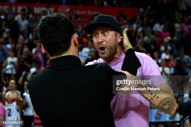 Head coach of the Breakers Mody Maor celebrates with Breakers owner Matt Walsh after winning game four of the NBL Grand Final series between Sydney...
