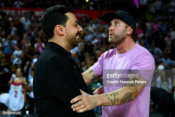 Head coach of the Breakers Mody Maor celebrates with Breakers owner Matt Walsh after winning game four of the NBL Grand Final series between Sydney...