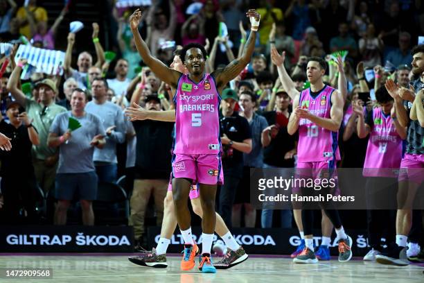 Barry Brown Jr of the Breakers celebrates after winning game four of the NBL Grand Final series between Sydney Kings and New Zealand Breakers at...