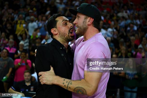 Head coach of the Breakers Mody Maor celebrates with Breakers owner Matt Walsh after winning game four of the NBL Grand Final series between Sydney...