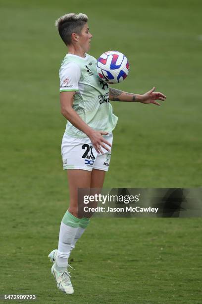 Michelle Heyman of Canberra United controls the ball during the round 17 A-League Women's match between Western Sydney Wanderers and Canberra United...