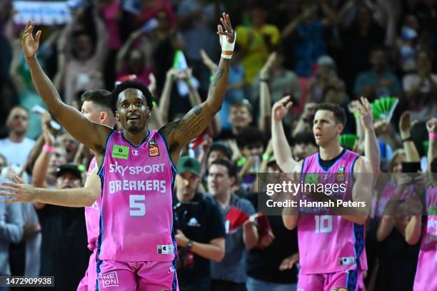 Barry Brown Jr of the Breakers celebrates after winning game four of the NBL Grand Final series between Sydney Kings and New Zealand Breakers at...