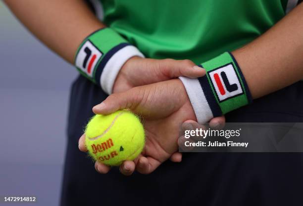 Detail shot of a tennis ball during the BNP Paribas Open on March 11, 2023 in Indian Wells, California.