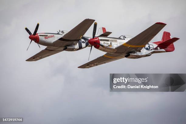 Pair of P51 Mustangs perform during the 2023 NAF El Centro Air Show at Naval Air Facility El Centro on March 11, 2023 in El Centro, California.