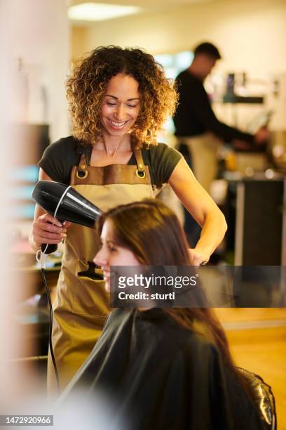 happy hair salon owner - drying hair stock pictures, royalty-free photos & images