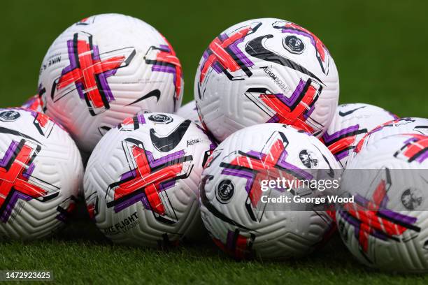 General view of Nike match balls on the pitch prior to the Premier League match between Leeds United and Brighton & Hove Albion at Elland Road on...