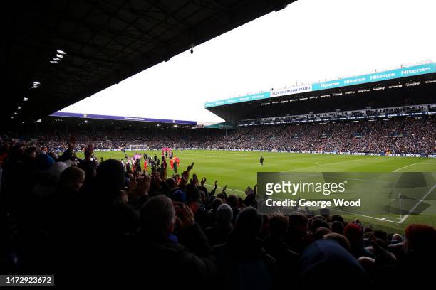 General view inside the stadium as fans welcome the teams on to the pitch prior to the Premier League match between Leeds United and Brighton & Hove...