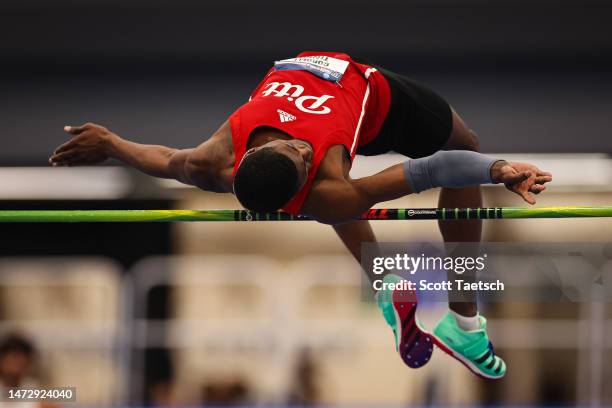Cordell Tinch of Pittsburgh State competes in the mens high jump during the Division II Mens and Womens Indoor Track & Field Championships held at...