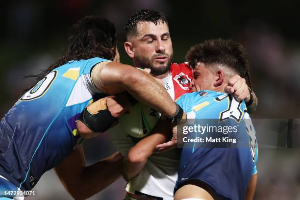 Jack Bird of the Dragons is tackled during the round two NRL match between the St George Illawarra Dragons and the Gold Coast Titans at Netstrata...