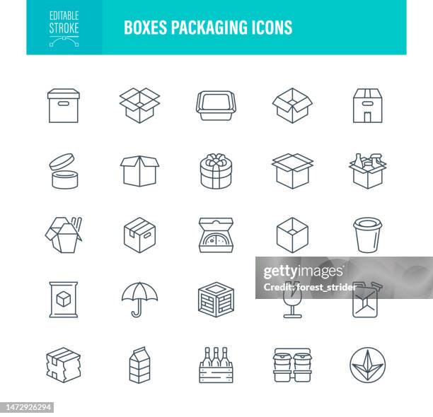 boxes packaging icons editable stroke - open cardboard box vector stock illustrations