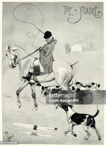 traditional english squire, riding his horse with his pack of hounds, england, 1890s, 19th century - foxhound stock illustrations