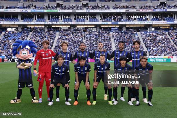 Gamba Osaka players line up for the team photos prior to the J.LEAGUE Meiji Yasuda J1 4th Sec. Match between Gamba Osaka and Sanfrecce Hiroshima at...