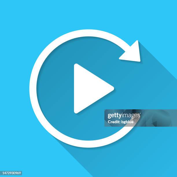 replay. icon on blue background - flat design with long shadow - 3d video player stock illustrations
