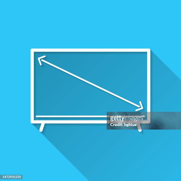 tv screen size. icon on blue background - flat design with long shadow - inch icon stock illustrations