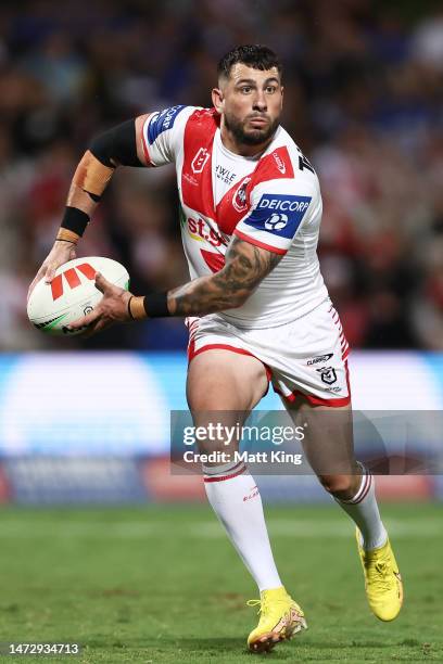 Jack Bird of the Dragons runs with the ball during the round two NRL match between the St George Illawarra Dragons and the Gold Coast Titans at...