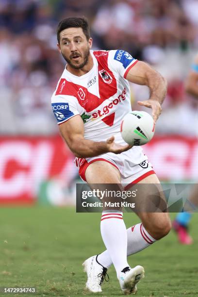 Ben Hunt of the Dragons passes during the round two NRL match between the St George Illawarra Dragons and the Gold Coast Titans at Netstrata Jubilee...